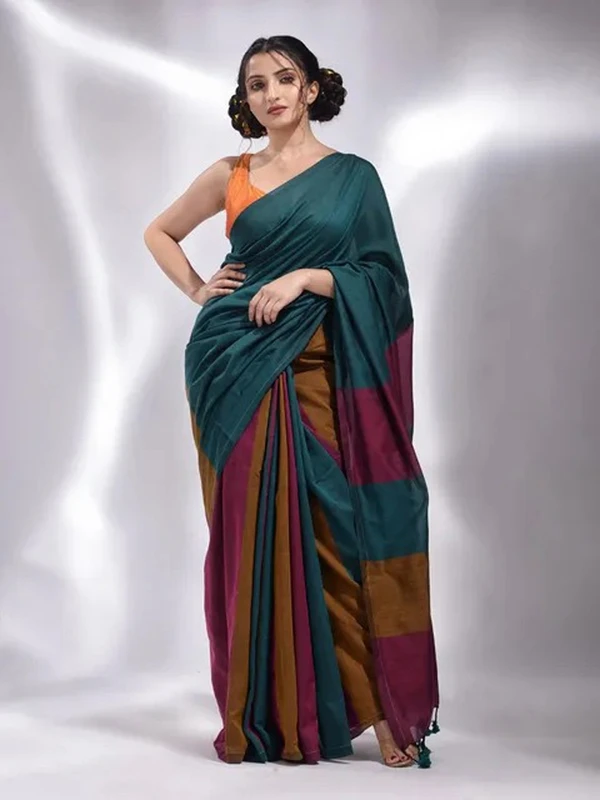 Handloom Multicolored Strips Saree - Forest Green
