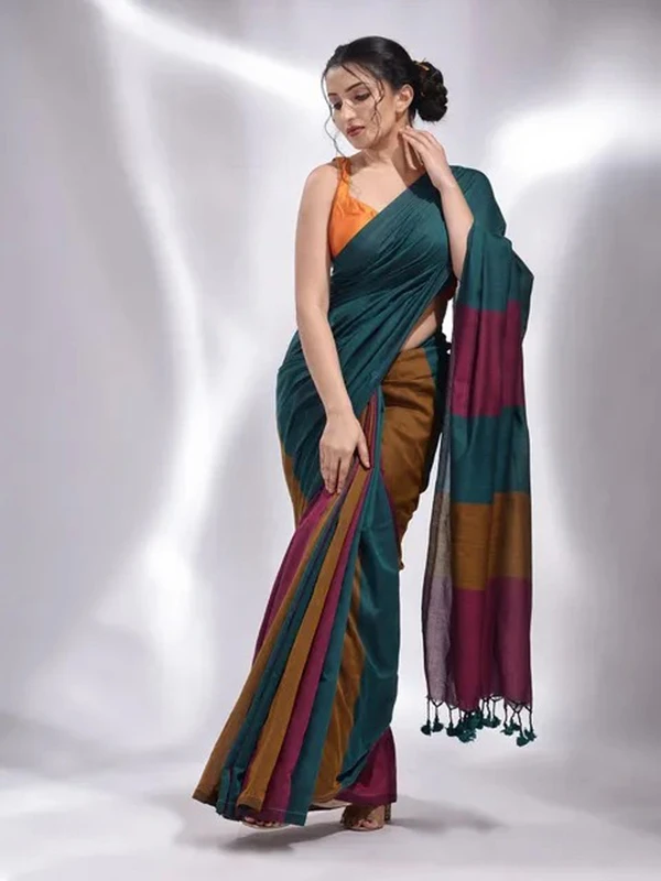 Handloom Multicolored Strips Saree - Forest Green