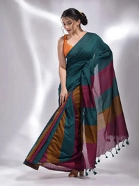 Handloom Multicolored Strips Saree - Forest Green