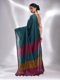 Handloom Multicolored Strips Saree - Forest Green