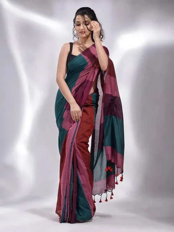 Handloom Multicolored Strips Saree - Rustic Red