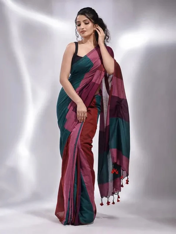 Handloom Multicolored Strips Saree - Rustic Red