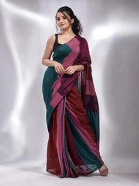 Handloom Multicolored Strips Saree - Rustic Red