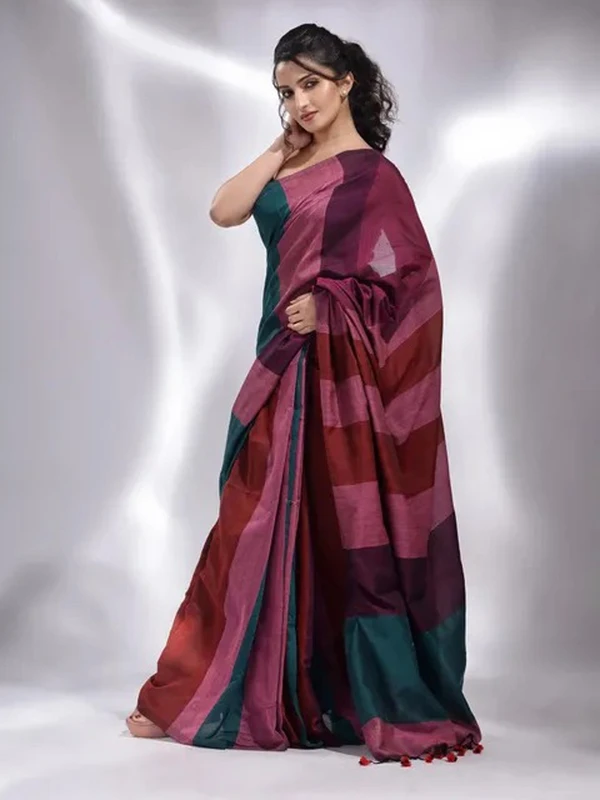 Handloom Multicolored Strips Saree - Rustic Red