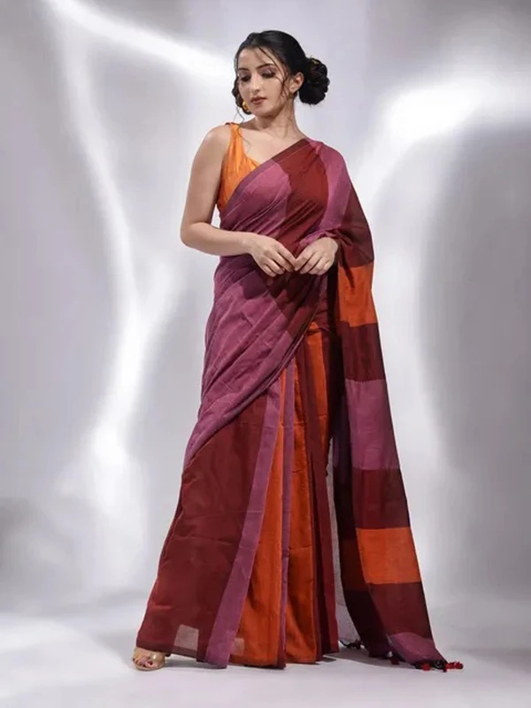 Handloom Multicolored Strips Saree - Maroon