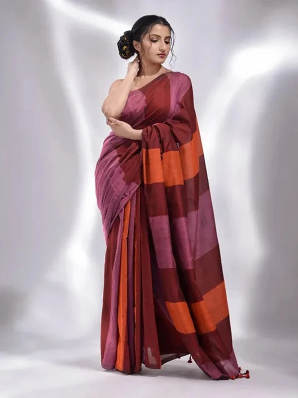 Handloom Multicolored Strips Saree - Maroon