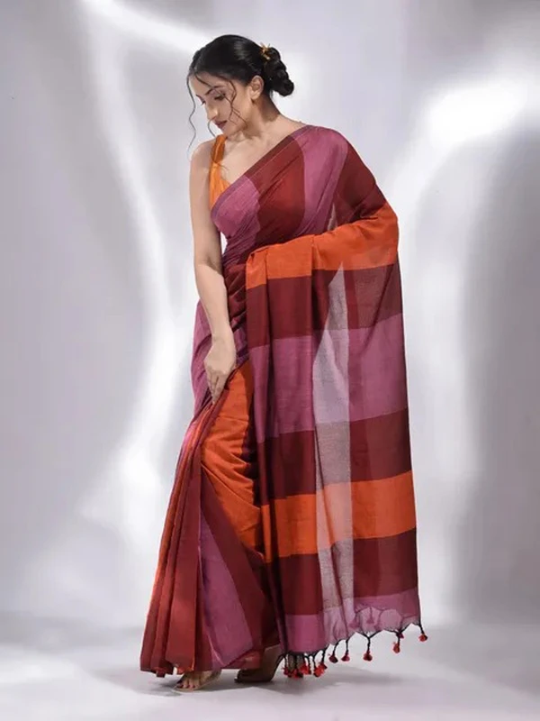 Handloom Multicolored Strips Saree - Maroon