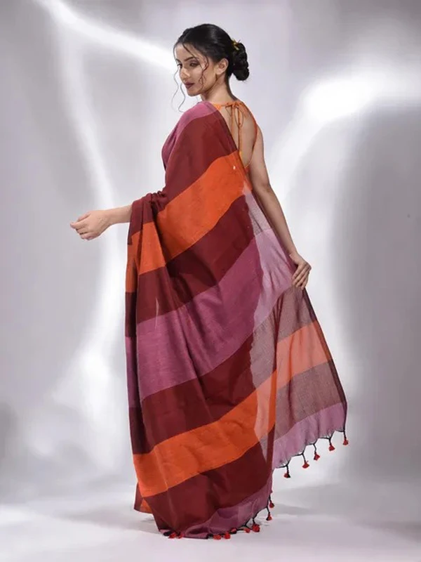 Handloom Multicolored Strips Saree - Maroon