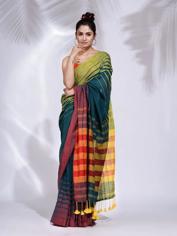 Handloom Multicolored 3D Strips Saree - Glade Green