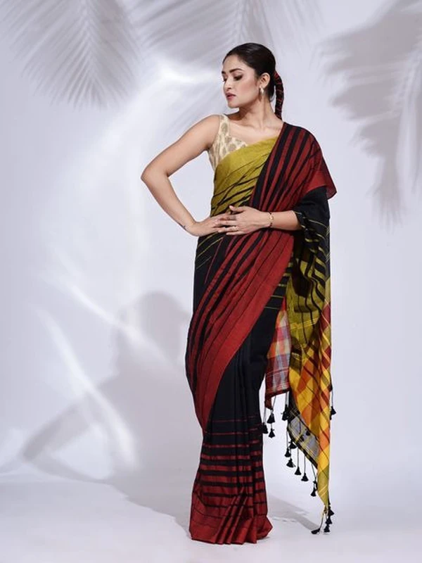 Handloom Multicolored 3D Strips Saree - Black