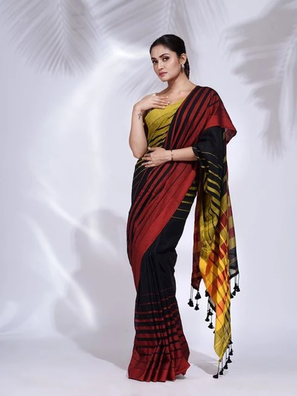 Handloom Multicolored 3D Strips Saree - Black