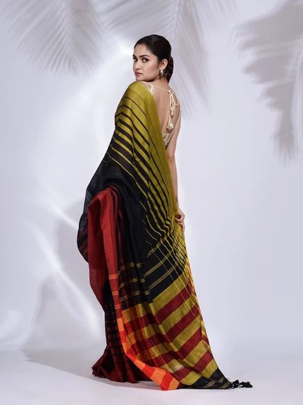 Handloom Multicolored 3D Strips Saree - Black