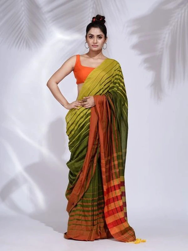 Handloom Multicolored 3D Strips Saree - Costa Del Sol