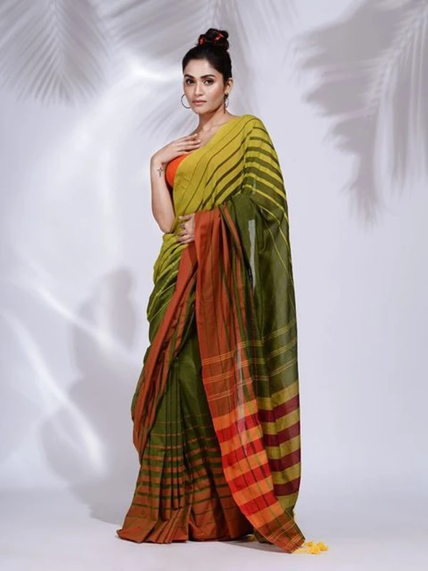 Handloom Multicolored 3D Strips Saree - Costa Del Sol