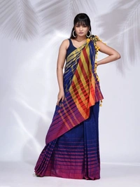 Handloom Multicolored 3D Strips Saree - Royal Blue