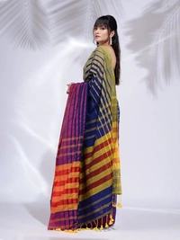 Handloom Multicolored 3D Strips Saree - Royal Blue