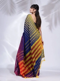 Handloom Multicolored 3D Strips Saree - Royal Blue