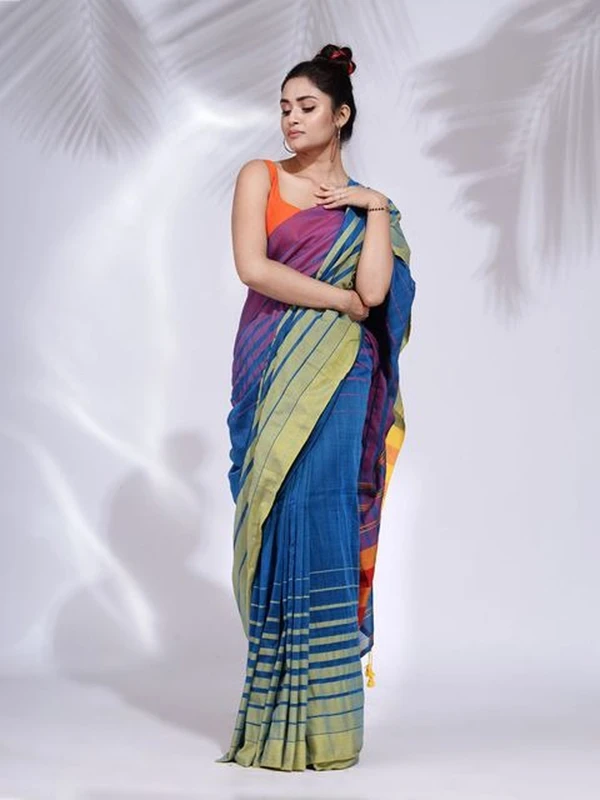 Handloom Multicolored 3D Strips Saree - Navy Blue