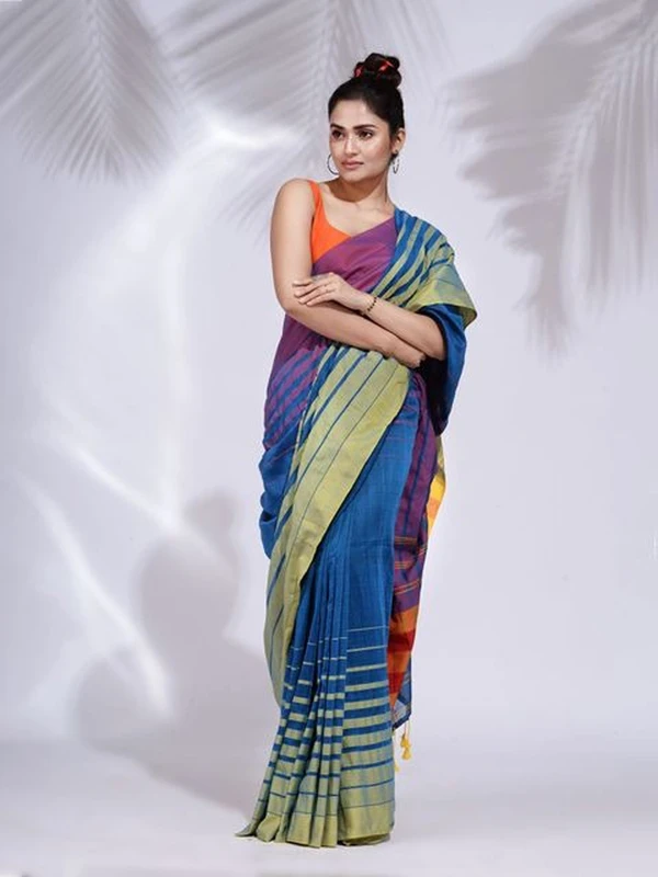 Handloom Multicolored 3D Strips Saree - Navy Blue