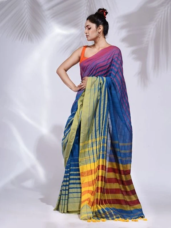 Handloom Multicolored 3D Strips Saree - Navy Blue