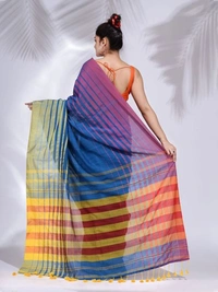 Handloom Multicolored 3D Strips Saree - Navy Blue