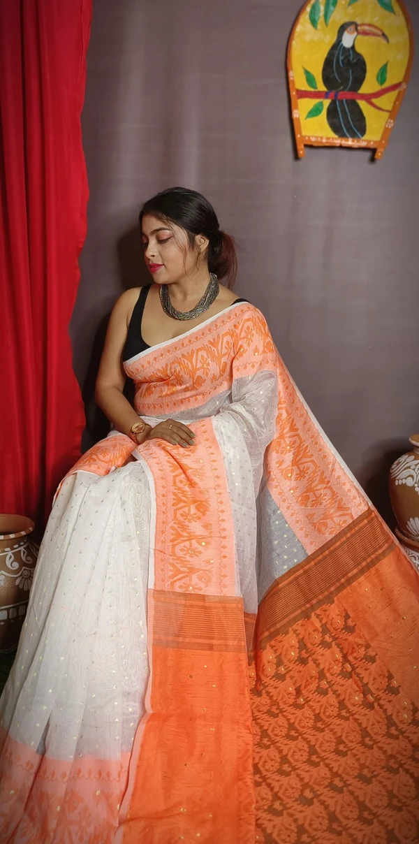 Handloom Traditional Woven Soft Jamdani - Orange & White