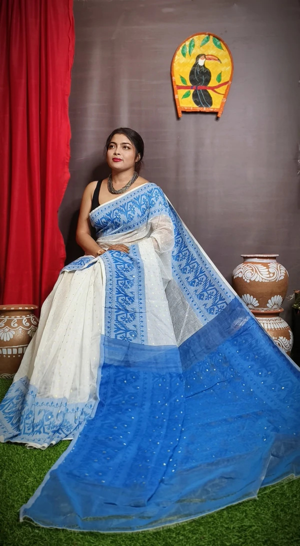 Handloom Traditional Woven Soft Jamdani - Blue & White