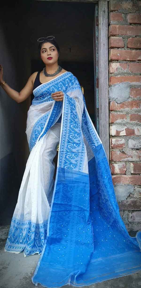 Handloom Traditional Woven Soft Jamdani - Blue & White