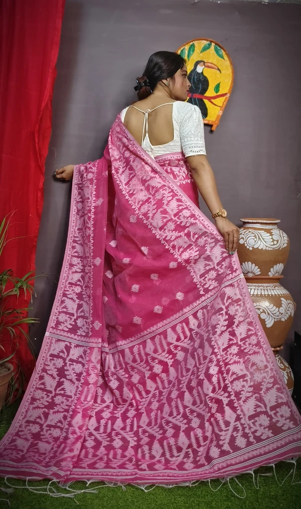 Handloom Traditional Woven Soft Jamdani - Brilliant Rose