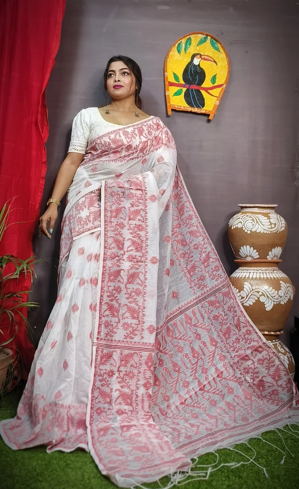 Handloom Traditional Woven Soft Jamdani - White & Maroon