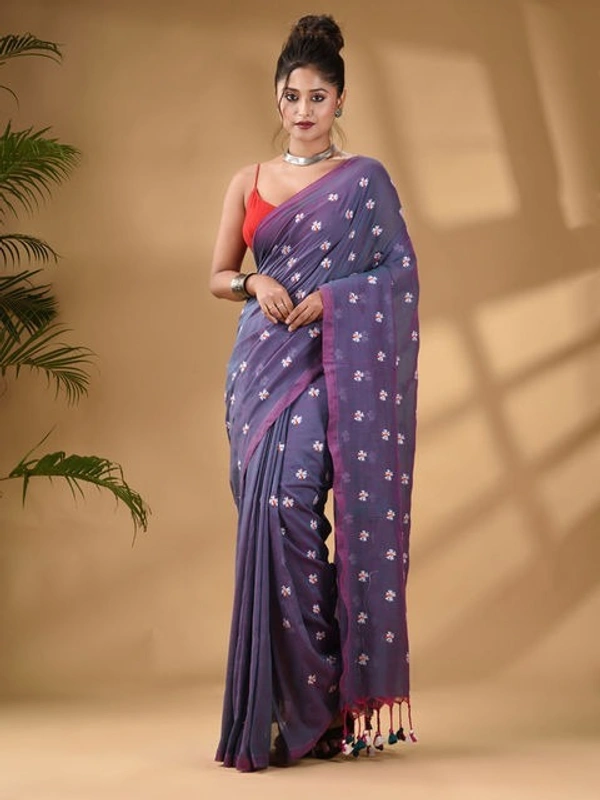 Handloom Floral Embroidered Cotton Saree - Purple