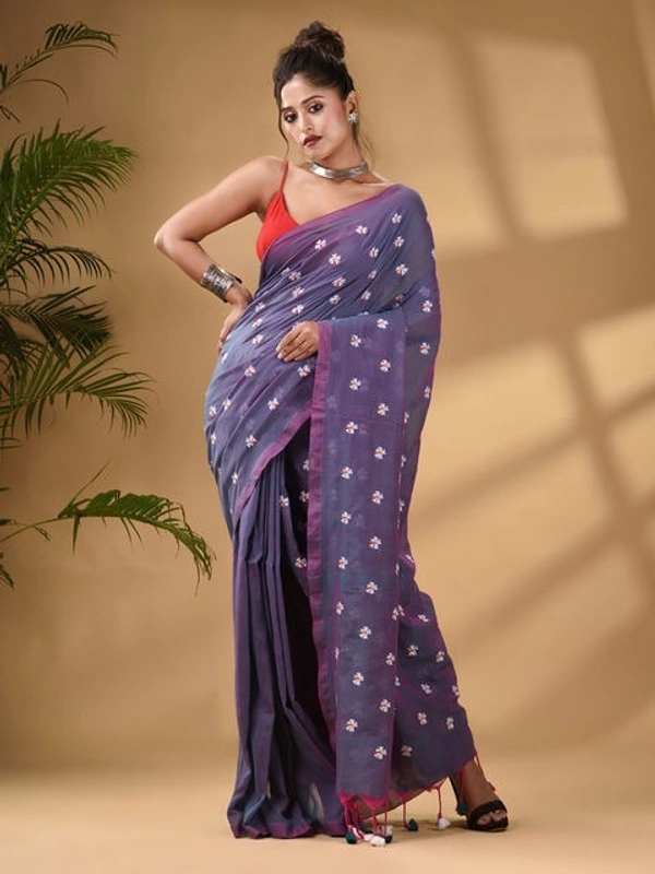 Handloom Floral Embroidered Cotton Saree - Purple