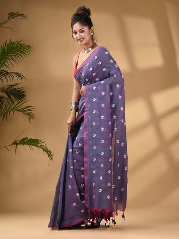 Handloom Floral Embroidered Cotton Saree - Purple