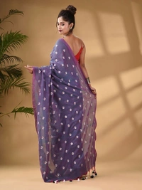 Handloom Floral Embroidered Cotton Saree - Purple