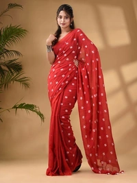 Handloom Floral Embroidered Cotton Saree - Red