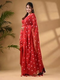Handloom Floral Embroidered Cotton Saree - Red