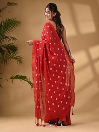 Handloom Floral Embroidered Cotton Saree - Red