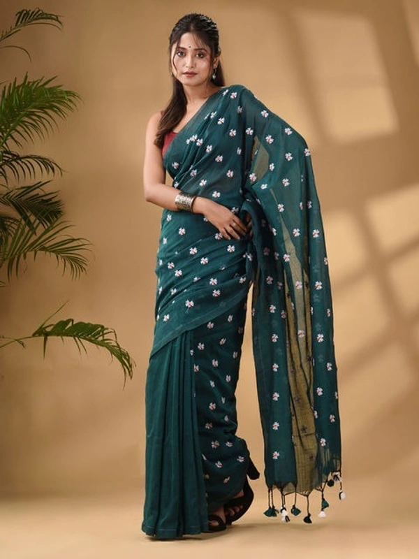 Handloom Floral Embroidered Cotton Saree - Sea Green