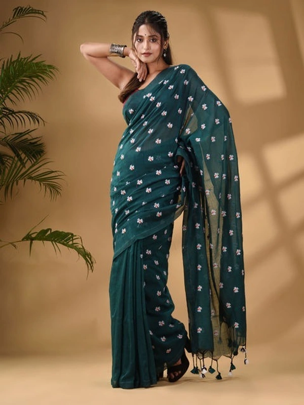 Handloom Floral Embroidered Cotton Saree - Sea Green