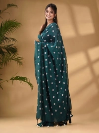 Handloom Floral Embroidered Cotton Saree - Sea Green
