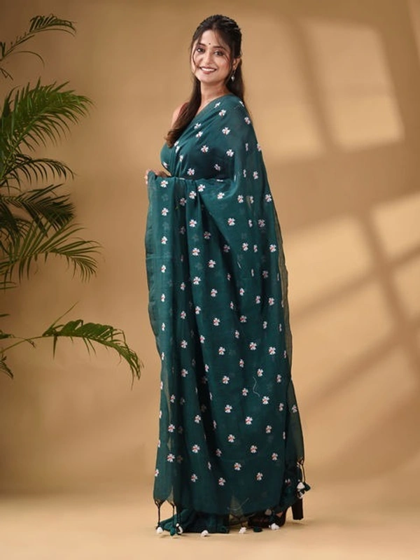 Handloom Floral Embroidered Cotton Saree - Sea Green