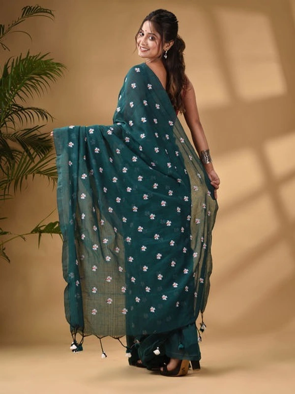Handloom Floral Embroidered Cotton Saree - Sea Green