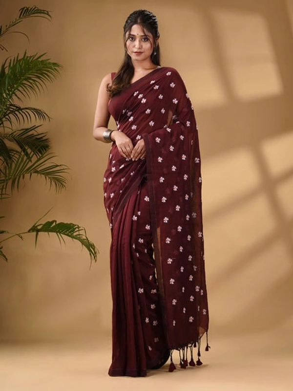 Handloom Floral Embroidered Cotton Saree - Brown