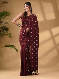 Handloom Floral Embroidered Cotton Saree - Brown