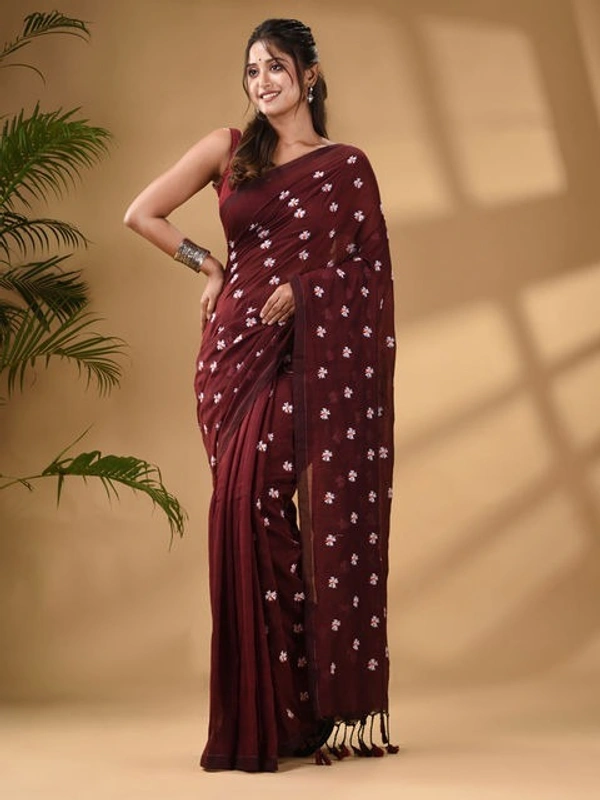 Handloom Floral Embroidered Cotton Saree - Brown