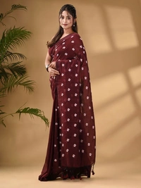 Handloom Floral Embroidered Cotton Saree - Brown