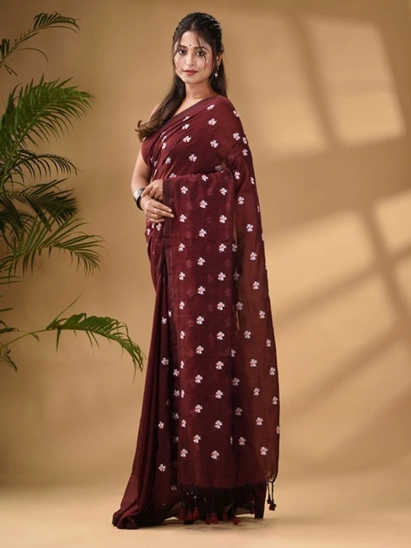 Handloom Floral Embroidered Cotton Saree - Brown