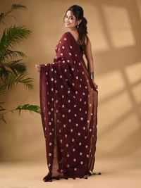 Handloom Floral Embroidered Cotton Saree - Brown