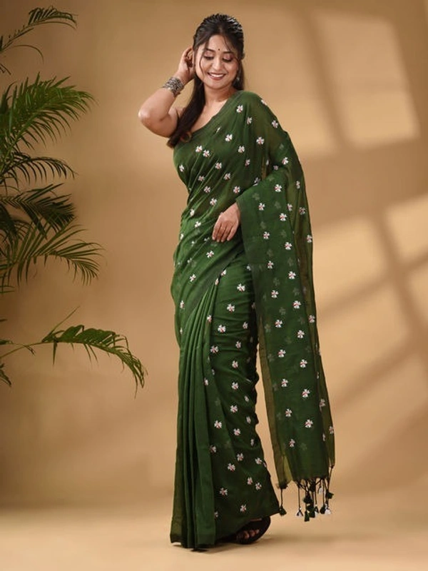 Handloom Floral Embroidered Cotton Saree - Olive