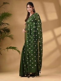 Handloom Floral Embroidered Cotton Saree - Olive